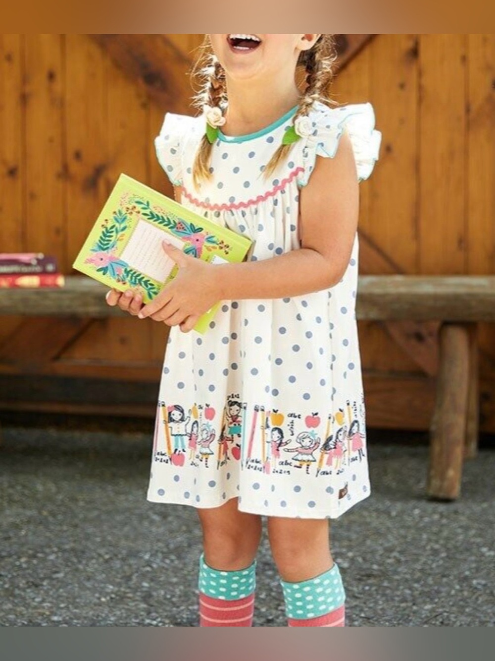 Matilda Jane White Dress with Aqua Trim and Multicolor Schoolyard Border